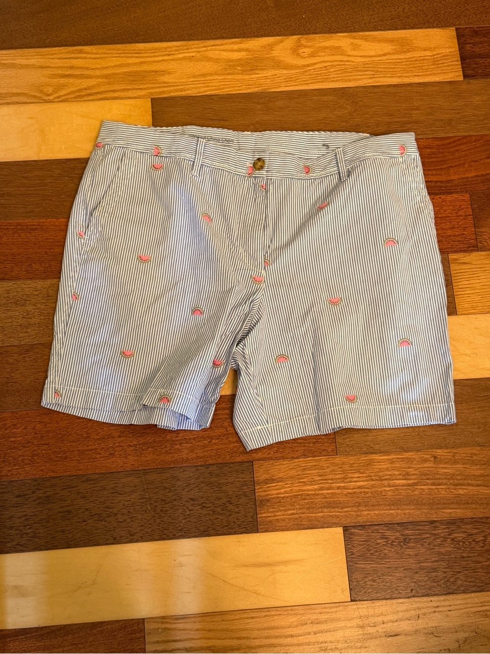 Women's Talbots Blue Pinstripe Shorts with Pink Watermelon Embroidery